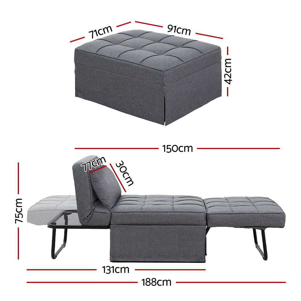 Artiss 4-in-1 Linen Sofa Bed Ottoman Grey view 2
