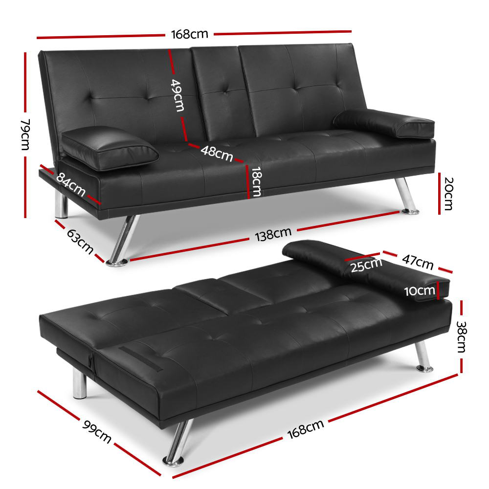 Artiss 168cm PU Leather Sofa Bed Black view 2