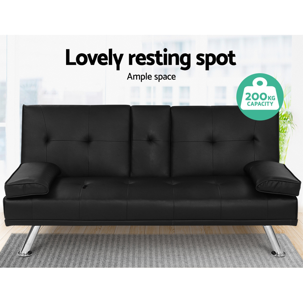 Artiss 168cm PU Leather Sofa Bed Black view 3