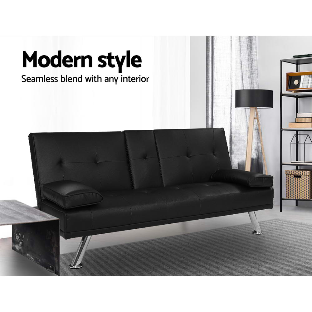 Artiss 168cm PU Leather Sofa Bed Black view 4