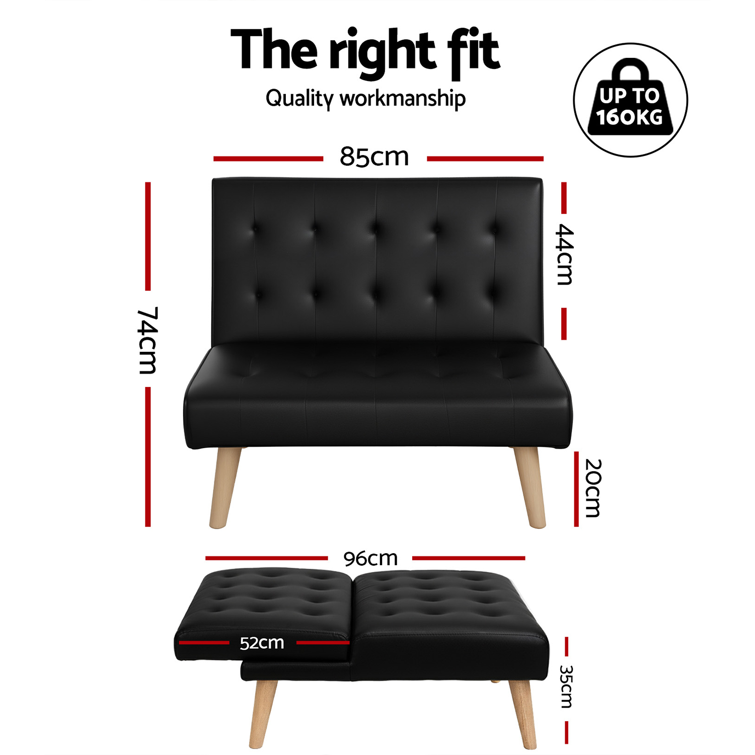 Artiss 1 Seater Fabric Sofa Bed Black, Single or Set of 2 view 3