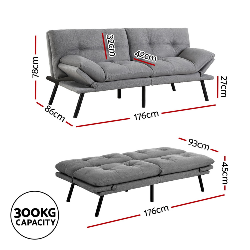 Artiss Convertible 3 Seater Faux Linen Sofa Bed Grey view 2