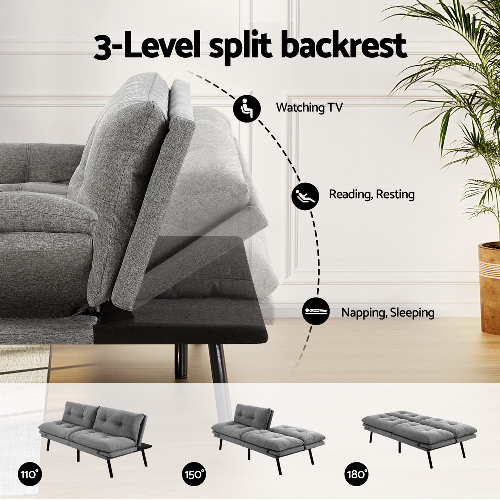 Artiss Convertible 3 Seater Faux Linen Sofa Bed Grey view 4