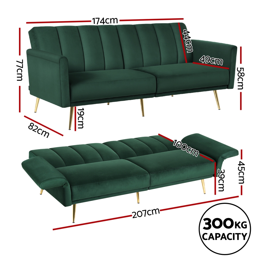 Artiss 3 Seater Velvet Sofa Bed with Adjustable Arms view 2