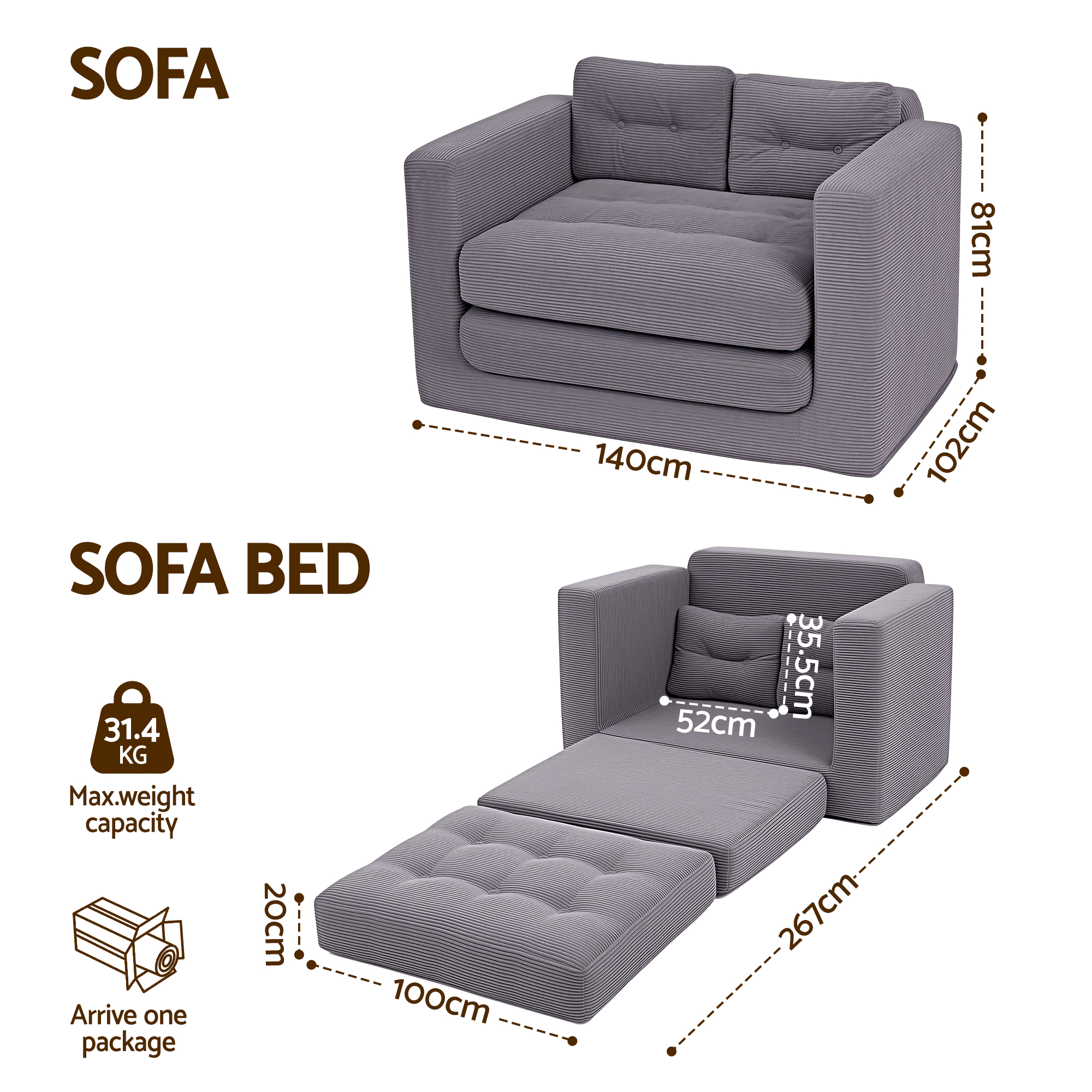 Artiss Corduroy Convertible Sofa Bed in 1 or 2 Seater view 2