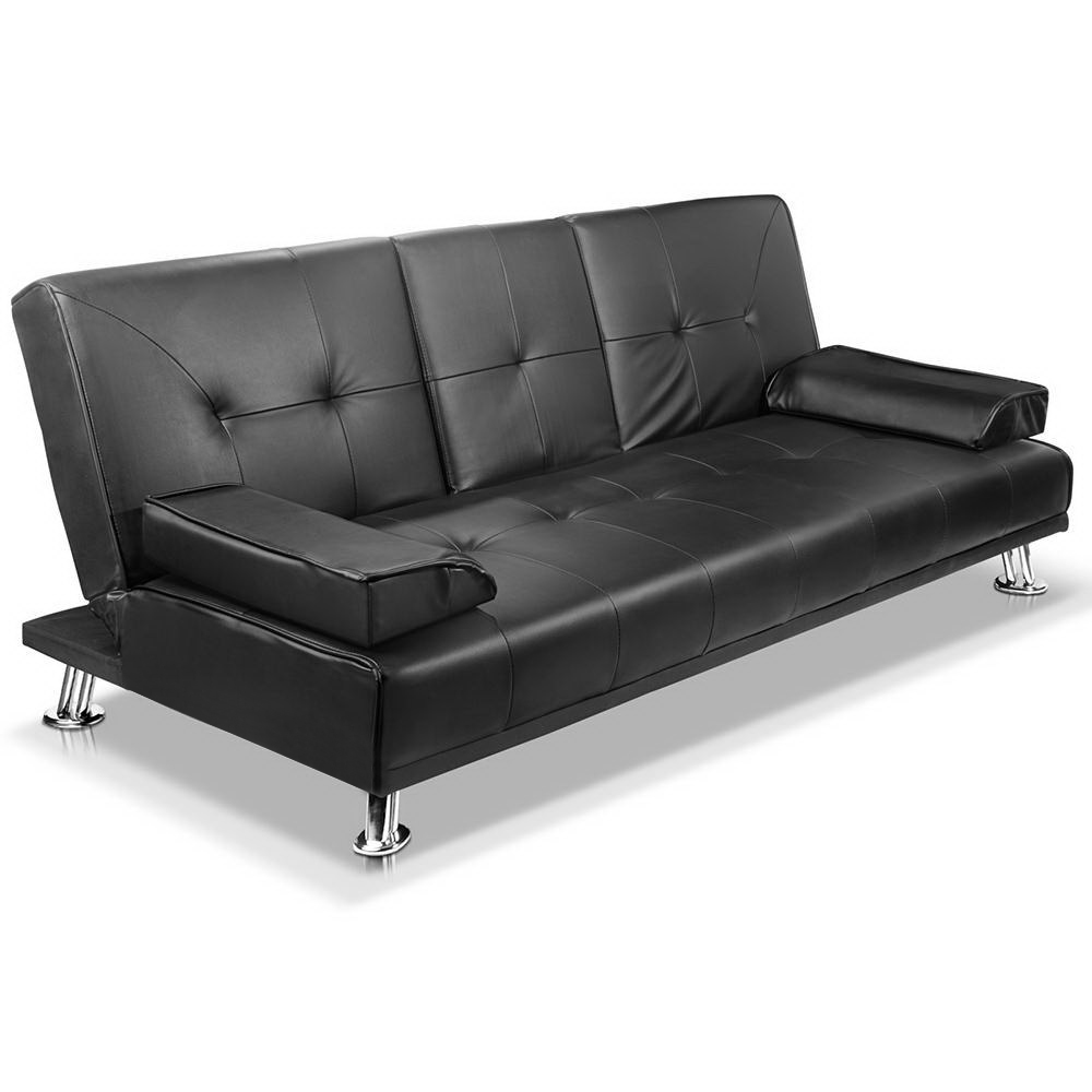Artiss 3 Seater Leather Sofa Bed with Cupholder