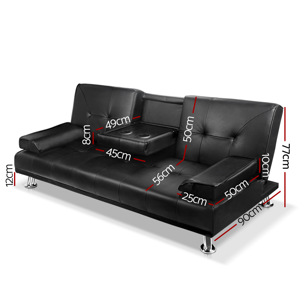 Artiss 3 Seater Leather Sofa Bed with Cupholder view 2