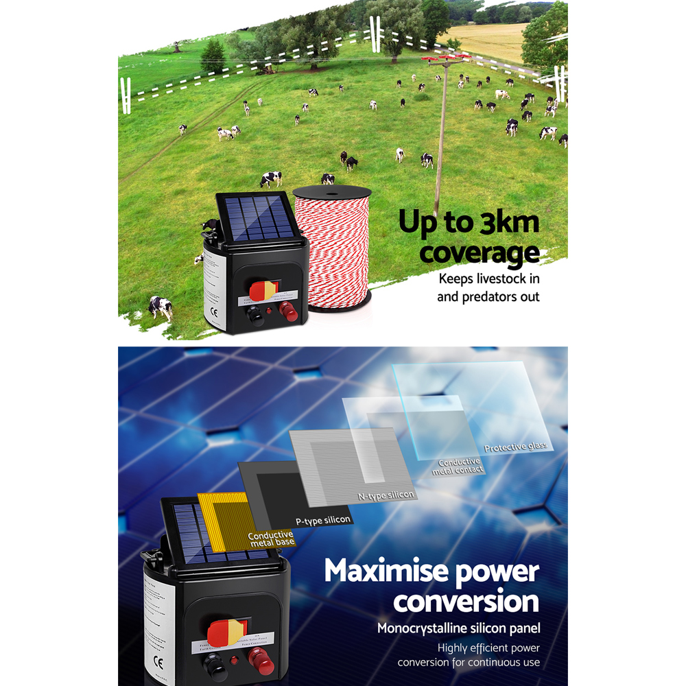 Giantz Solar Fence Energiser with 500m Poly Rope Kit view 4