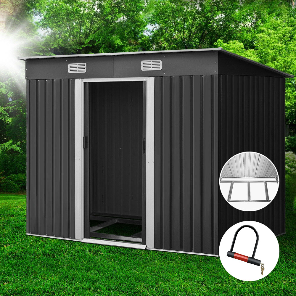 Giantz Metal Garden Shed 2.38x1.31m with Base and Sliding Doors