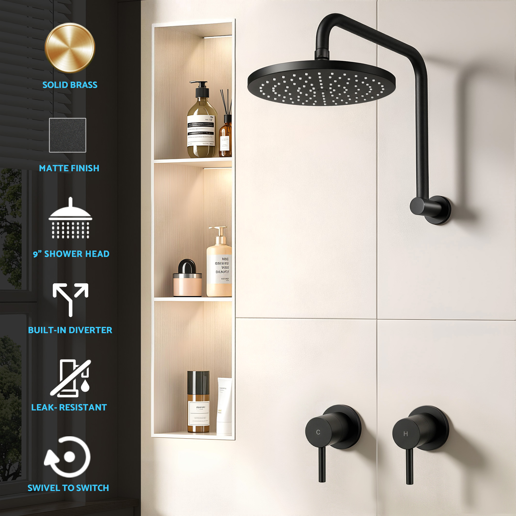 Cefito 9'' Overhead Swivel Shower Head with Twin Tap view 5