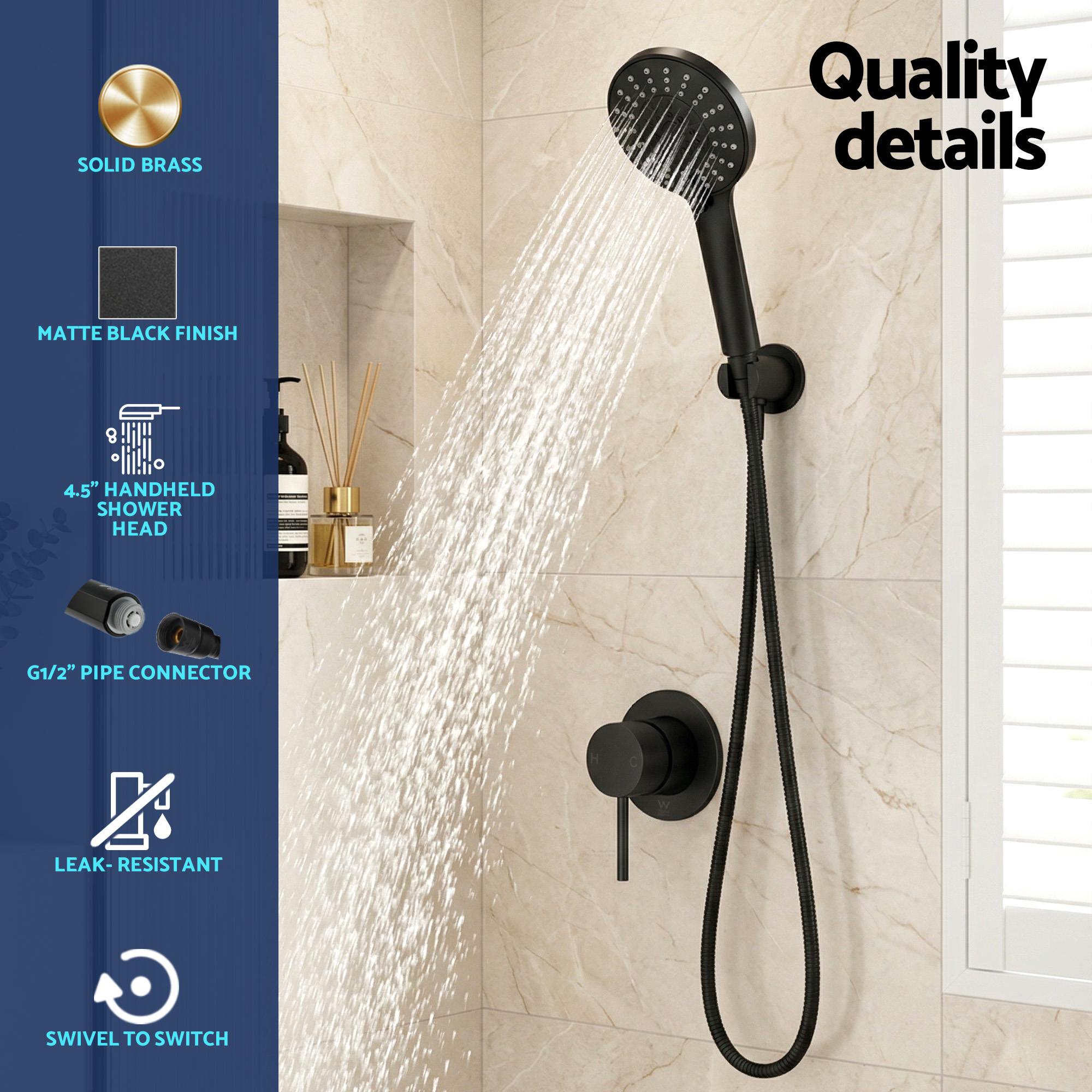 Cefito 4.5'' Handheld Shower Head Wall Mixer, Chrome or Black view 5