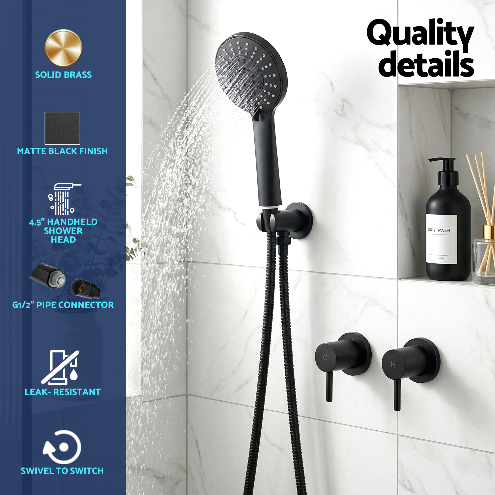 Cefito 4.5'' Handheld Shower Head with Twin Tap, Chrome or Black view 5