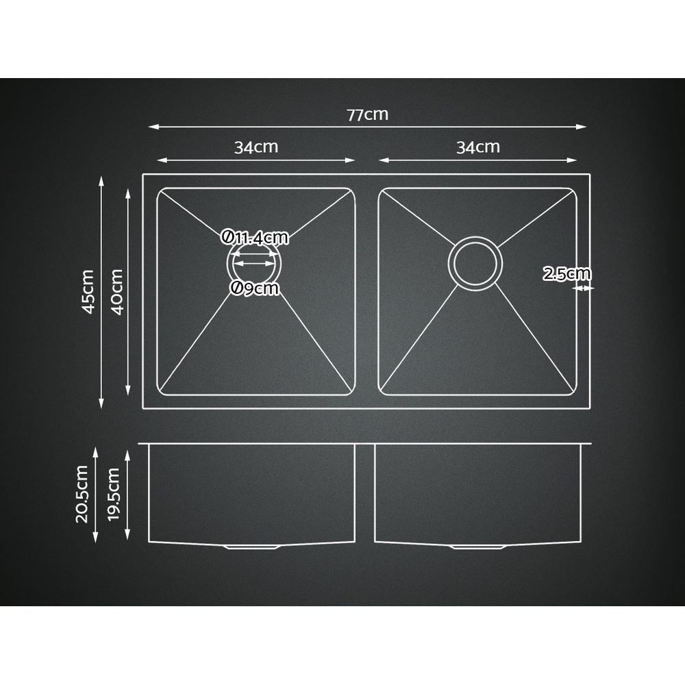 Cefito Handmade Stainless Steel Kitchen Sink, 45x30 to 111x45cm view 2