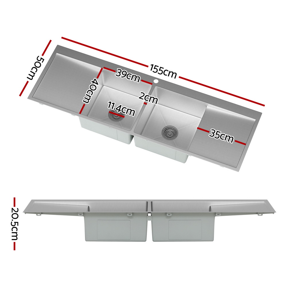 Cefito Stainless Steel Kitchen Sink 155x50cm Flush Mount view 2