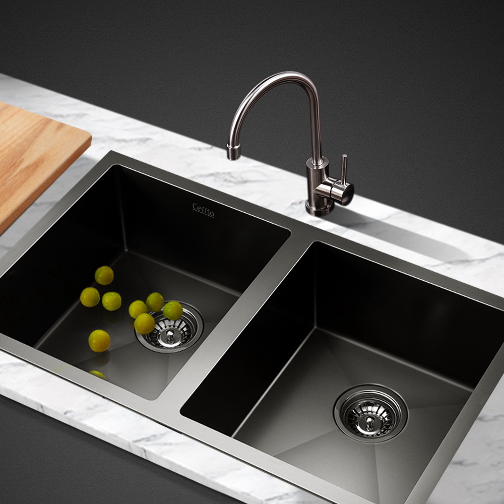 Cefito 77x45cm Stainless Steel Kitchen Sink, Double Bowl, Black