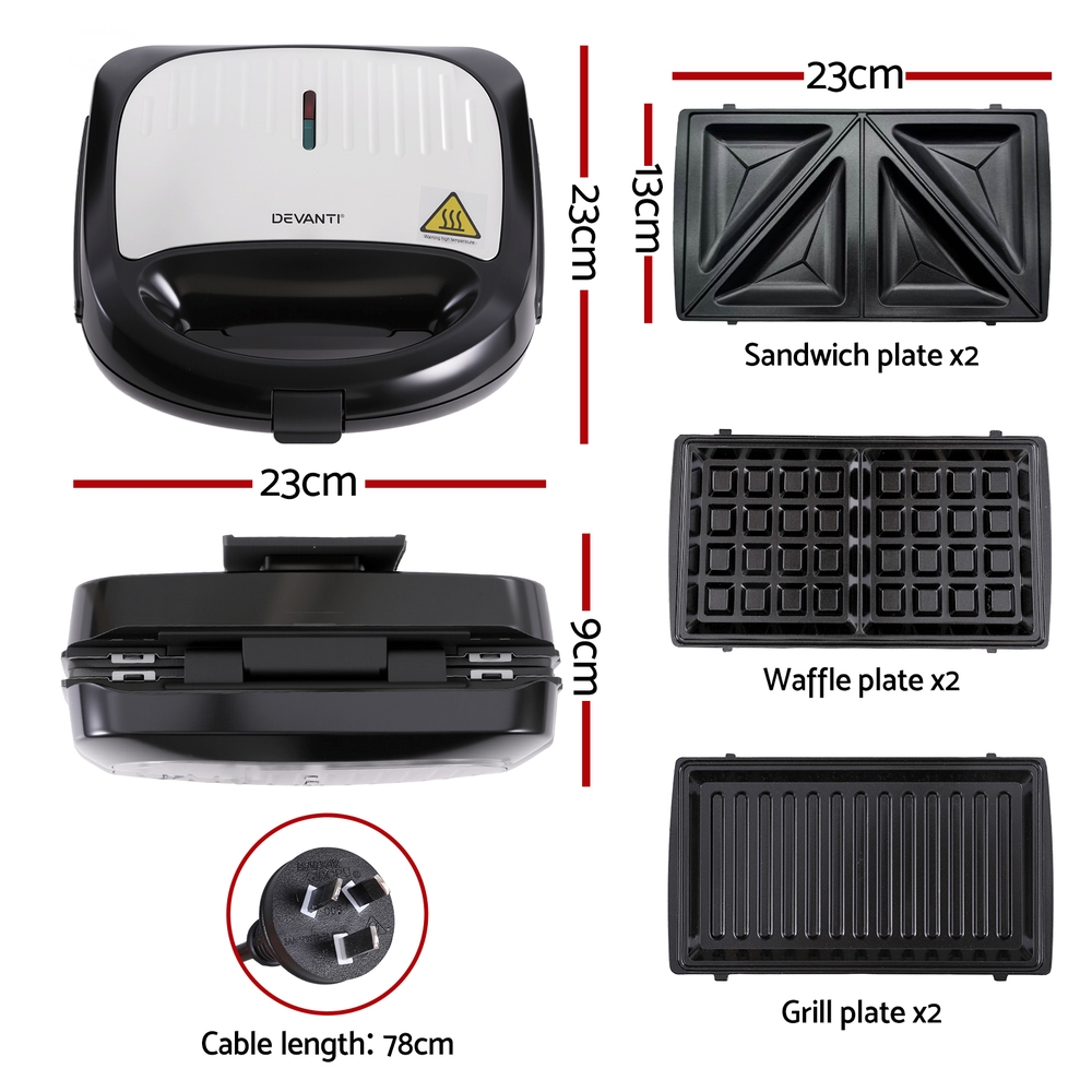 Devanti 3-in-1 Sandwich Press Waffle Maker Panini Grill 850W view 2