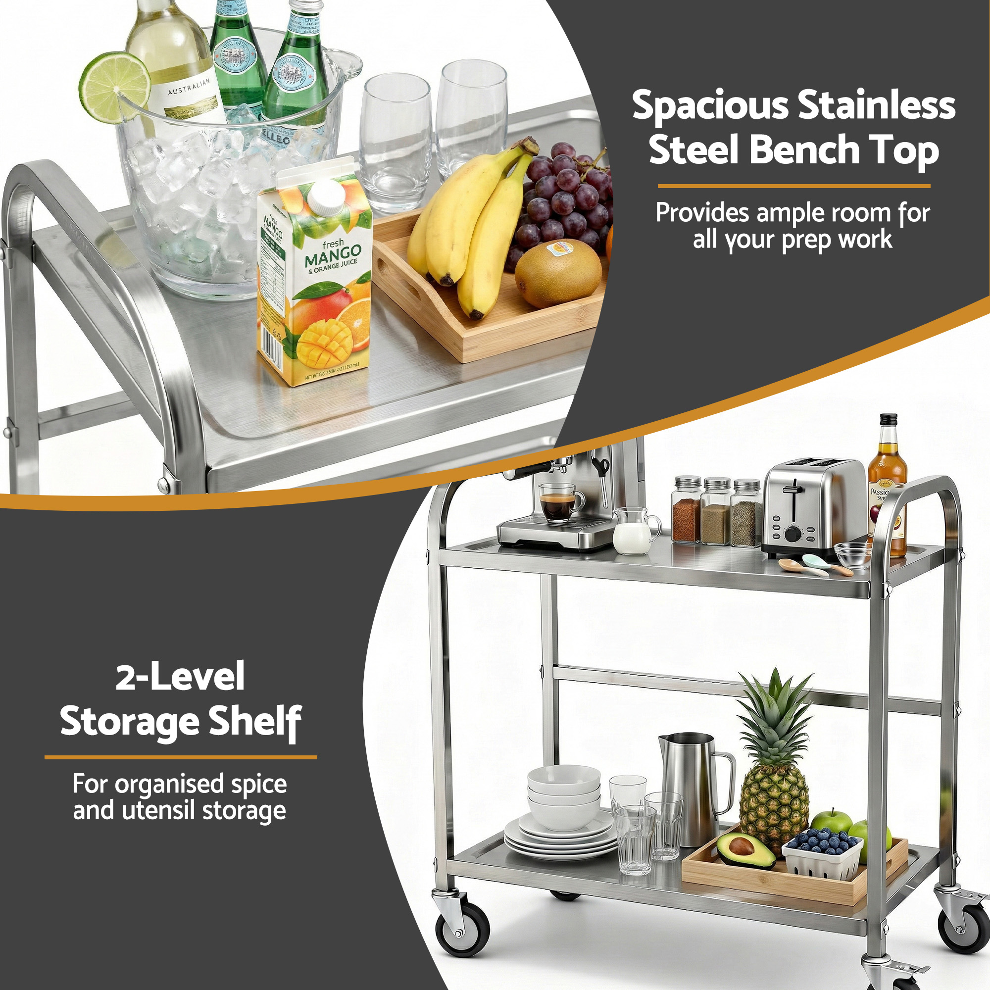 Cefito Stainless Steel Kitchen Trolley with Wheels, 2 Tiers view 4