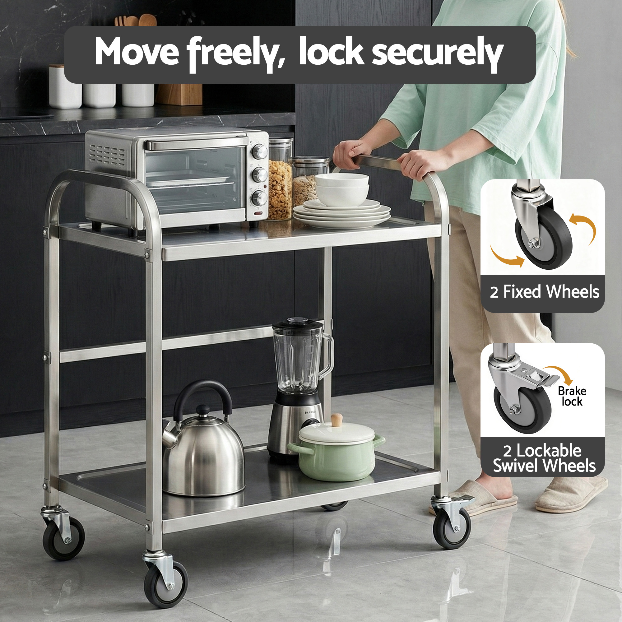 Cefito Stainless Steel Kitchen Trolley with Wheels, 2 Tiers view 5