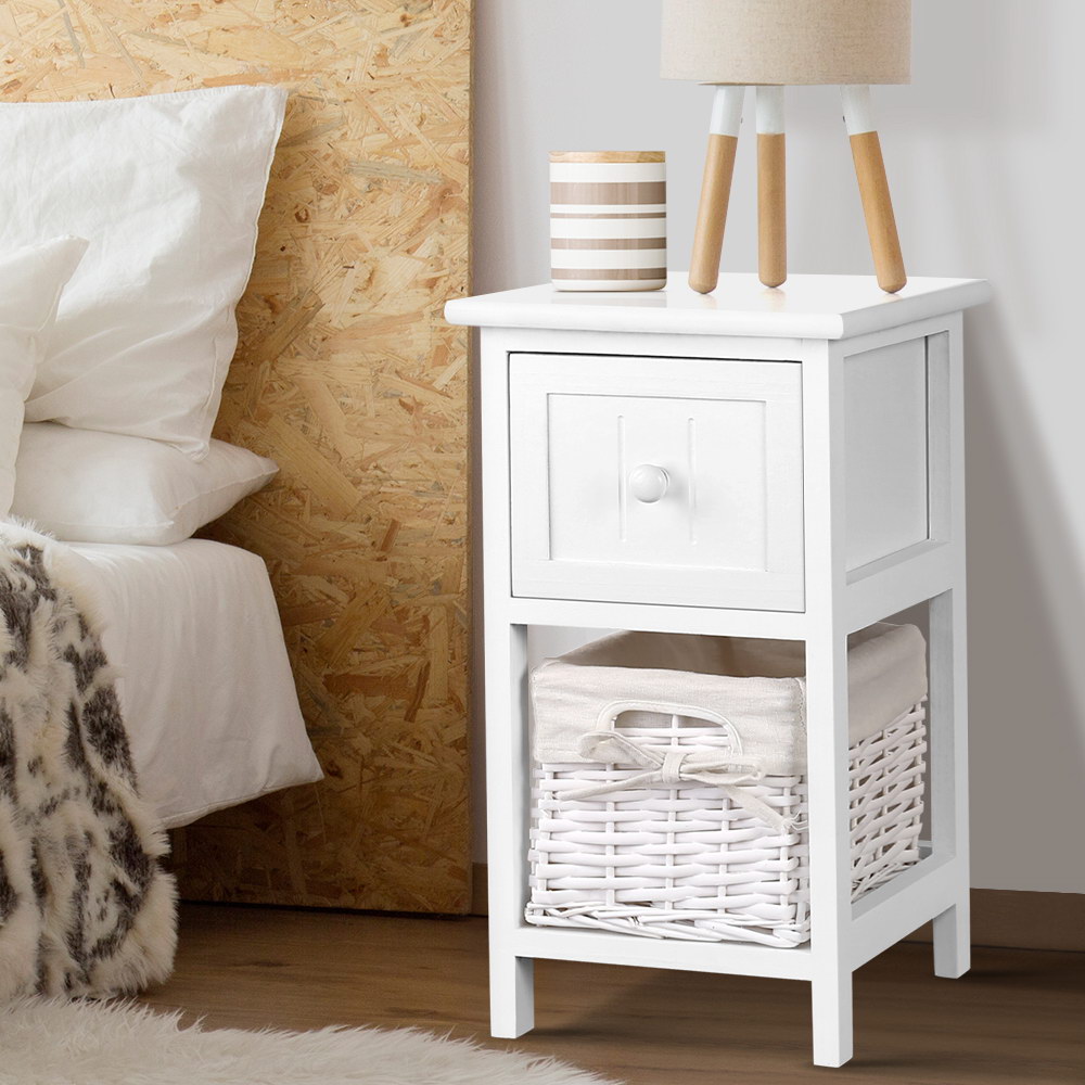 Artiss Rustic Bedside Table with Basket, Set of 2