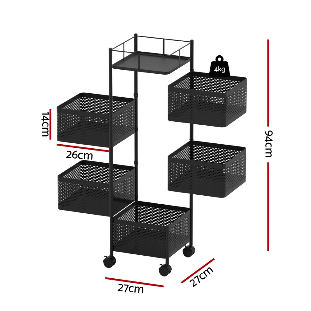 Artiss Storage Trolley Kitchen Cart 5 Tiers Black view 2