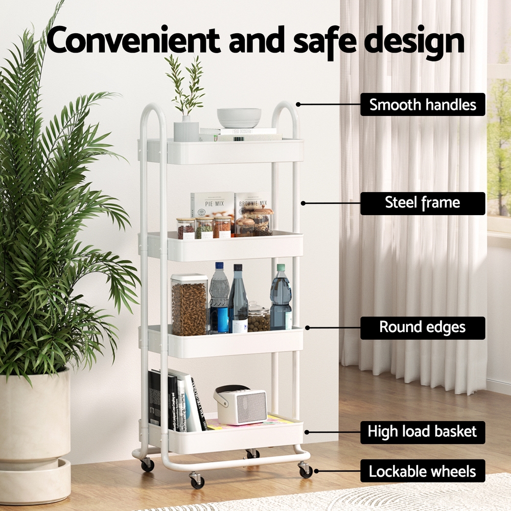 Artiss Storage Trolley Kitchen Cart 4 Tiers White view 5