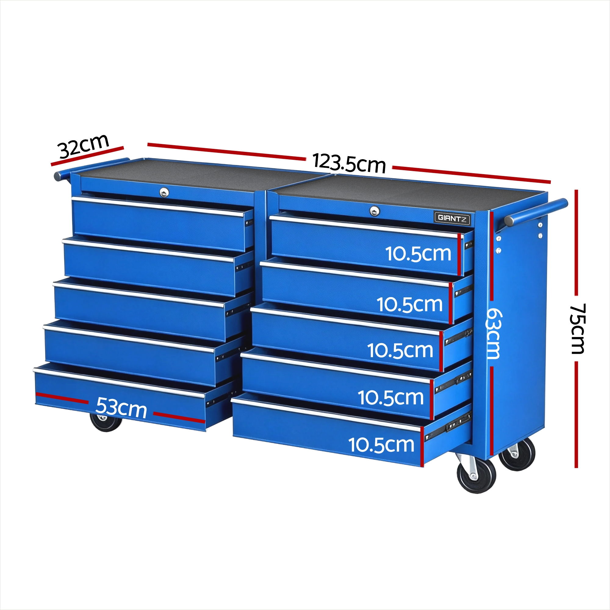 Giantz 10 Drawer Tool Chest Trolley, Blue or Black view 3