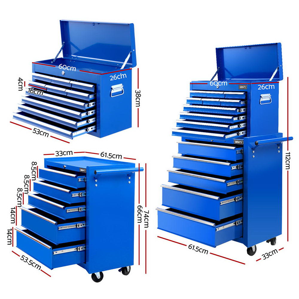 Giantz 15 Drawer Tool Chest Trolley 2 in 1, Blue view 2