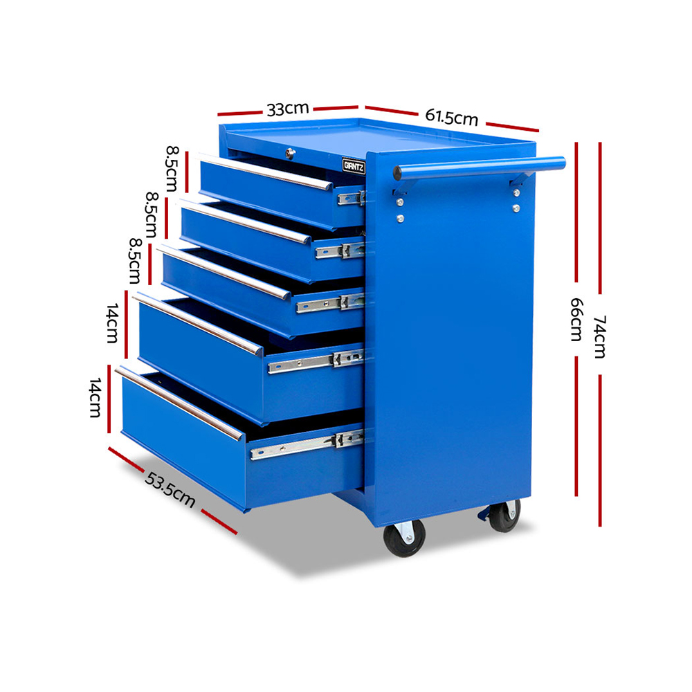 Giantz 5 Drawer Tool Box Trolley, Lockable, Blue or Red view 2
