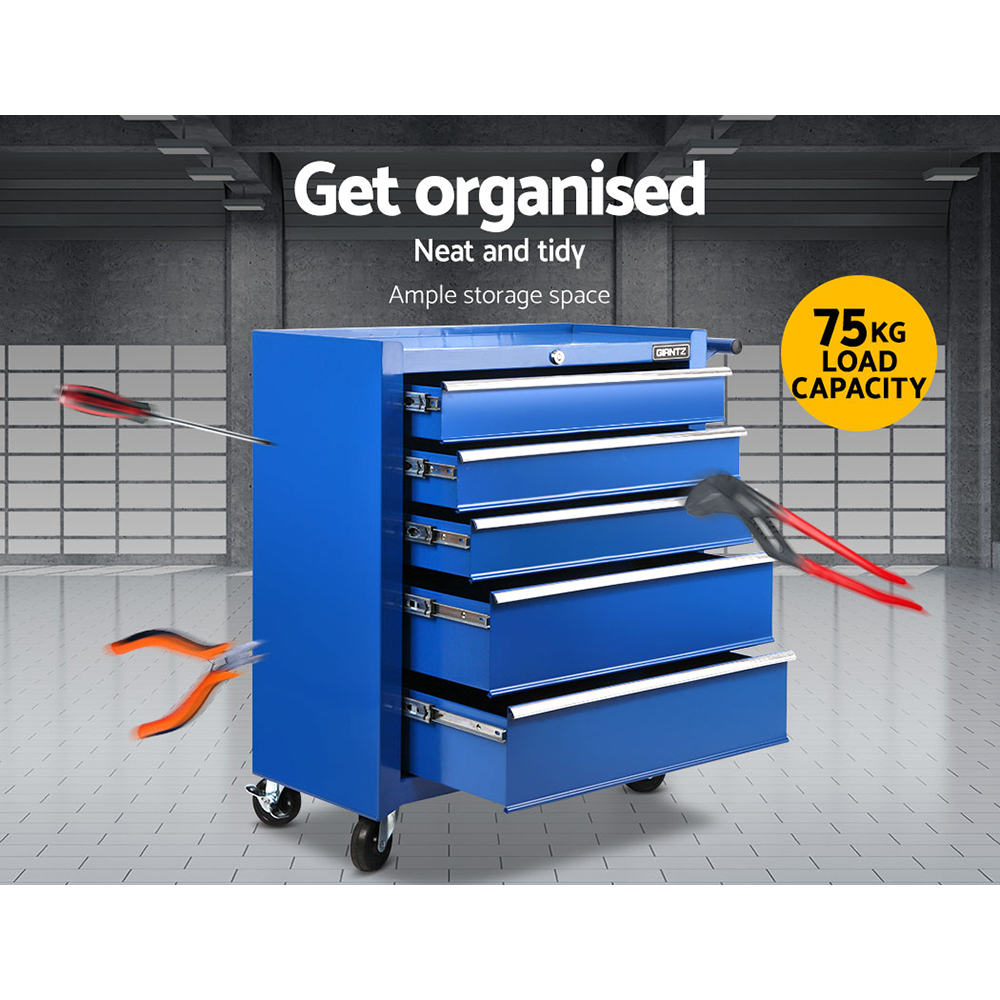 Giantz 5 Drawer Tool Box Trolley, Lockable, Blue or Red view 3