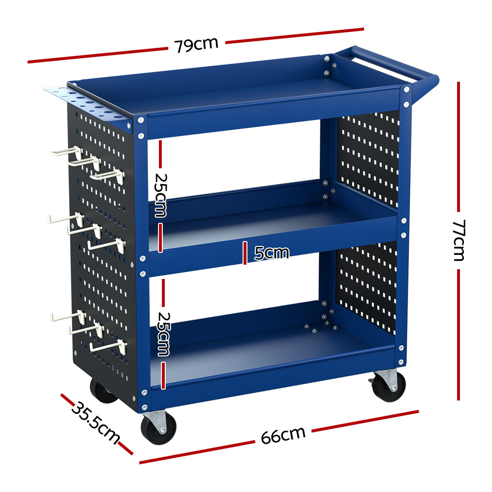 Giantz 3 Tier Tool Cart Trolley with Pegboard, Blue or Red view 2
