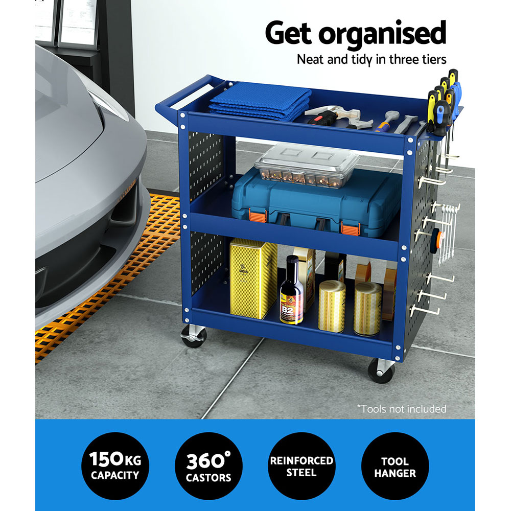 Giantz 3 Tier Tool Cart Trolley with Pegboard, Blue or Red view 4