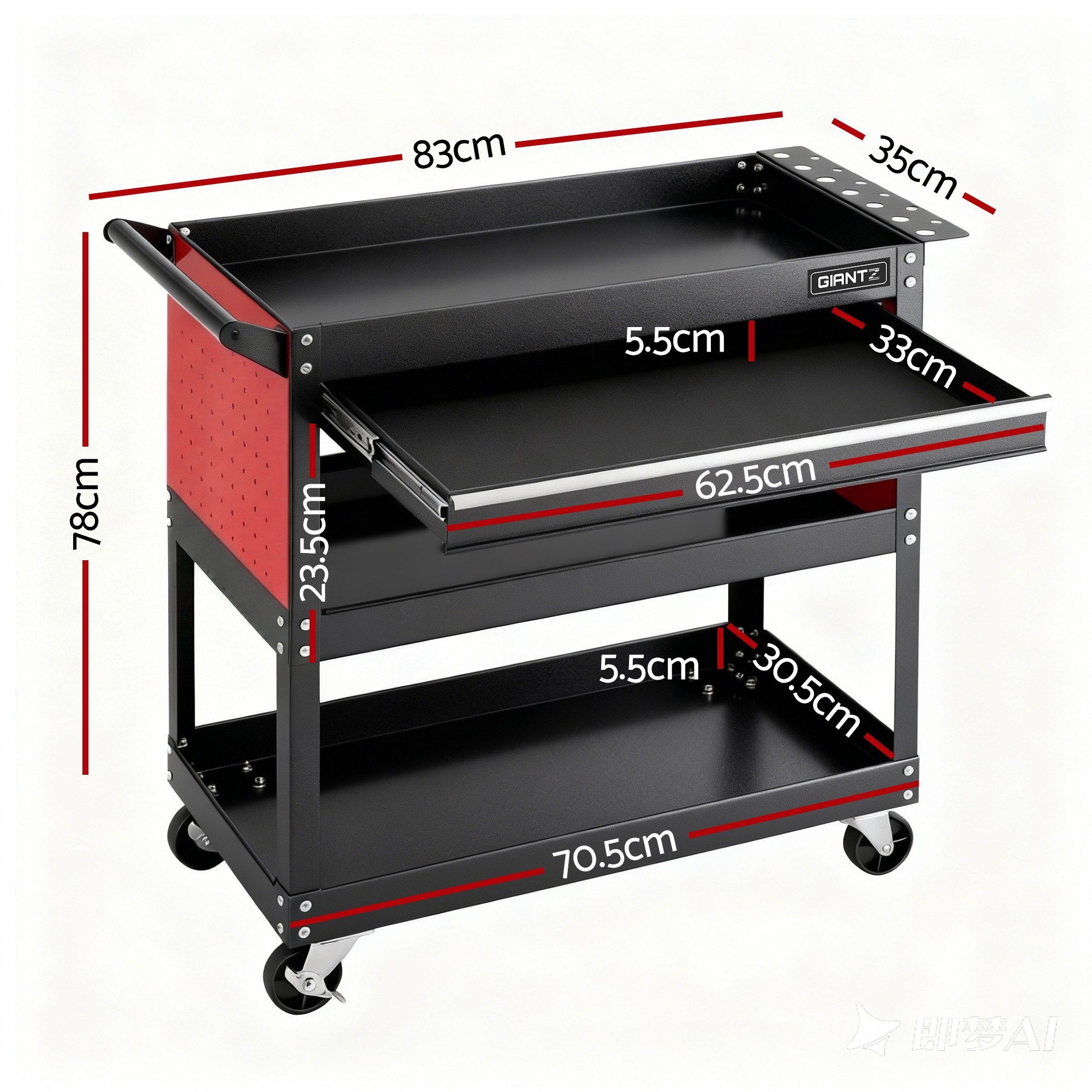 Giantz Tool Trolley Cart with Drawer and Pegboard view 3