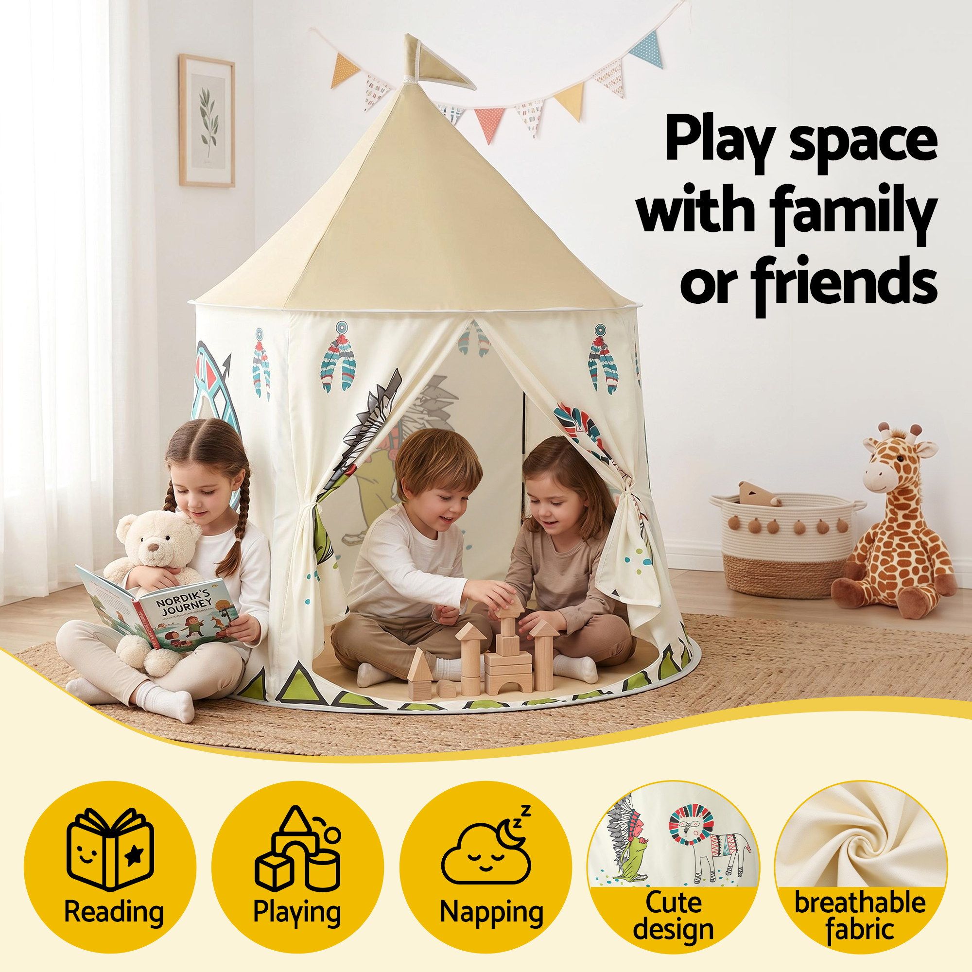 Keezi Kids Play Tent Playhouse Castle with Window Flag Carry Bag 115cmx115cm view 4