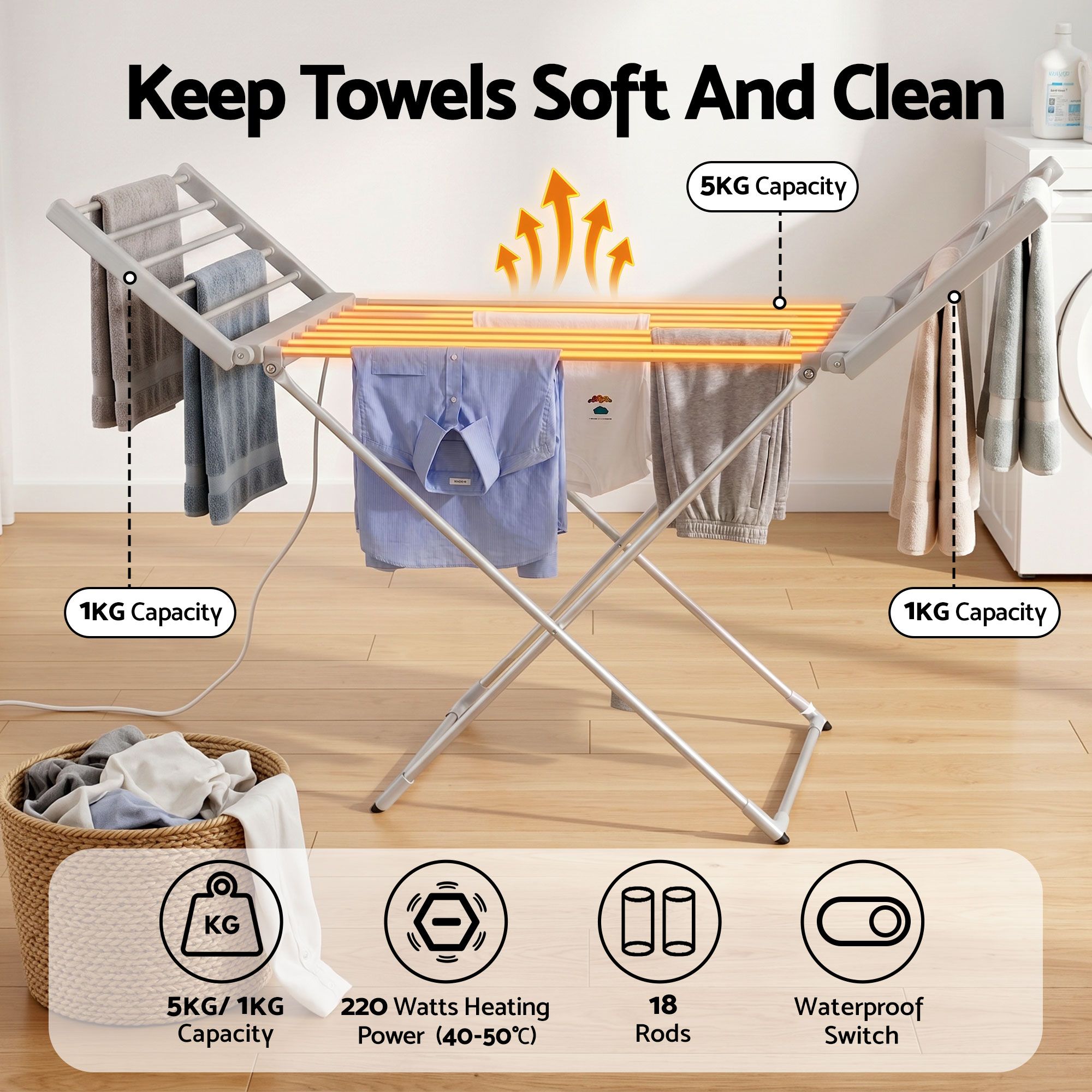 Devanti 18-Bar Heated Towel Rail Fold-Away view 2