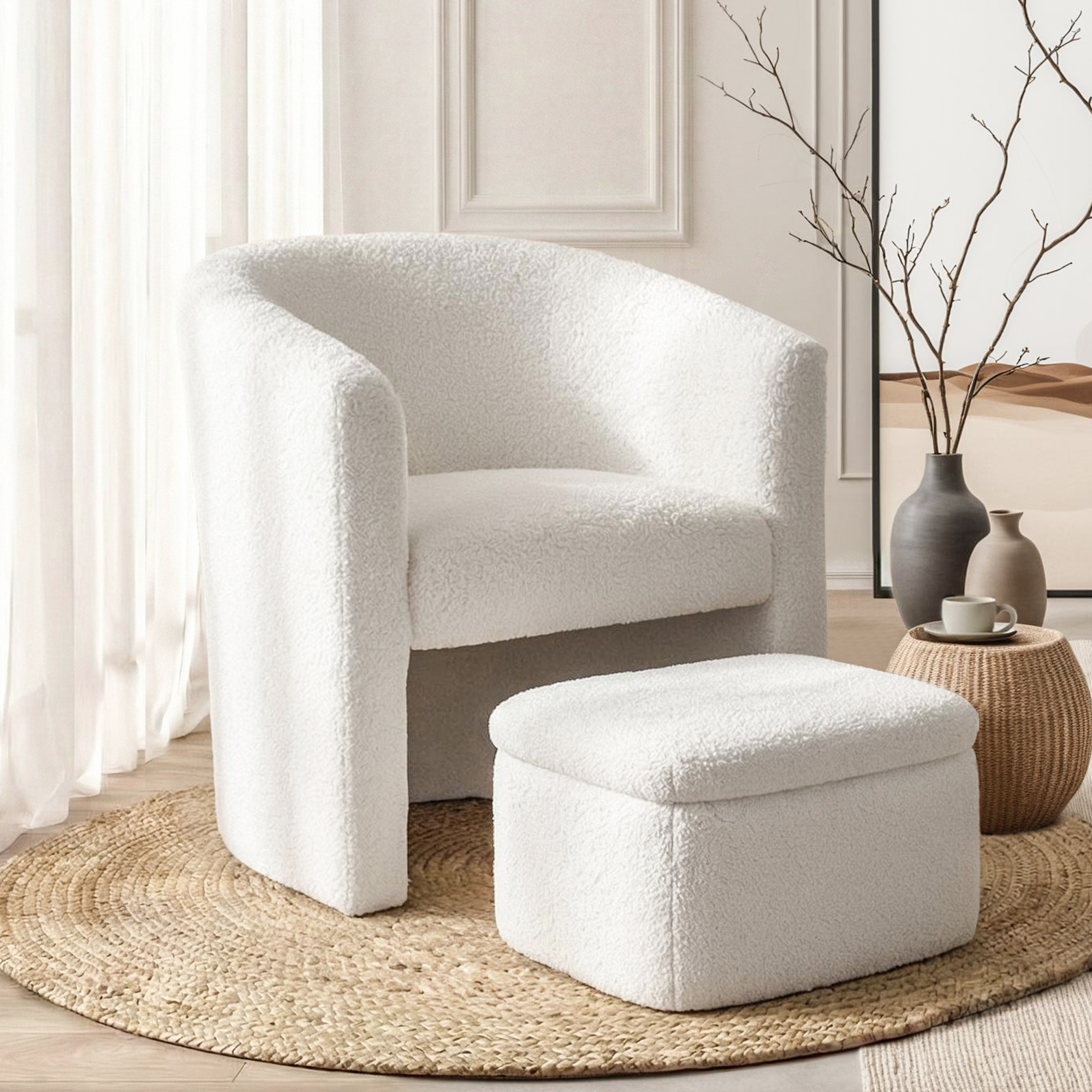 Artiss Boucle Armchair with Storage Ottoman, White