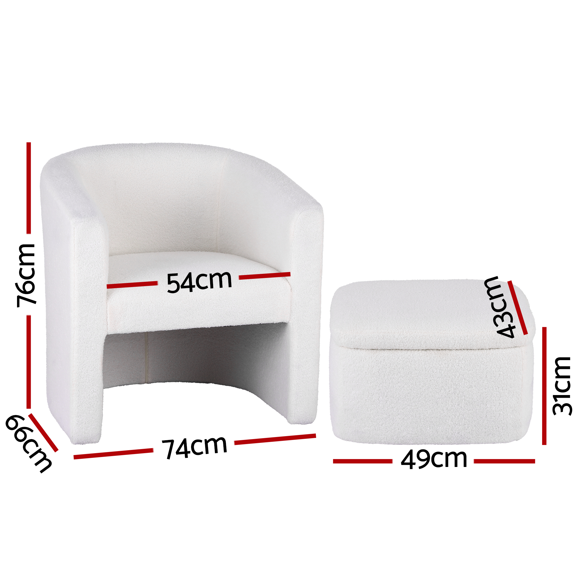 Artiss Boucle Armchair with Storage Ottoman, White view 2