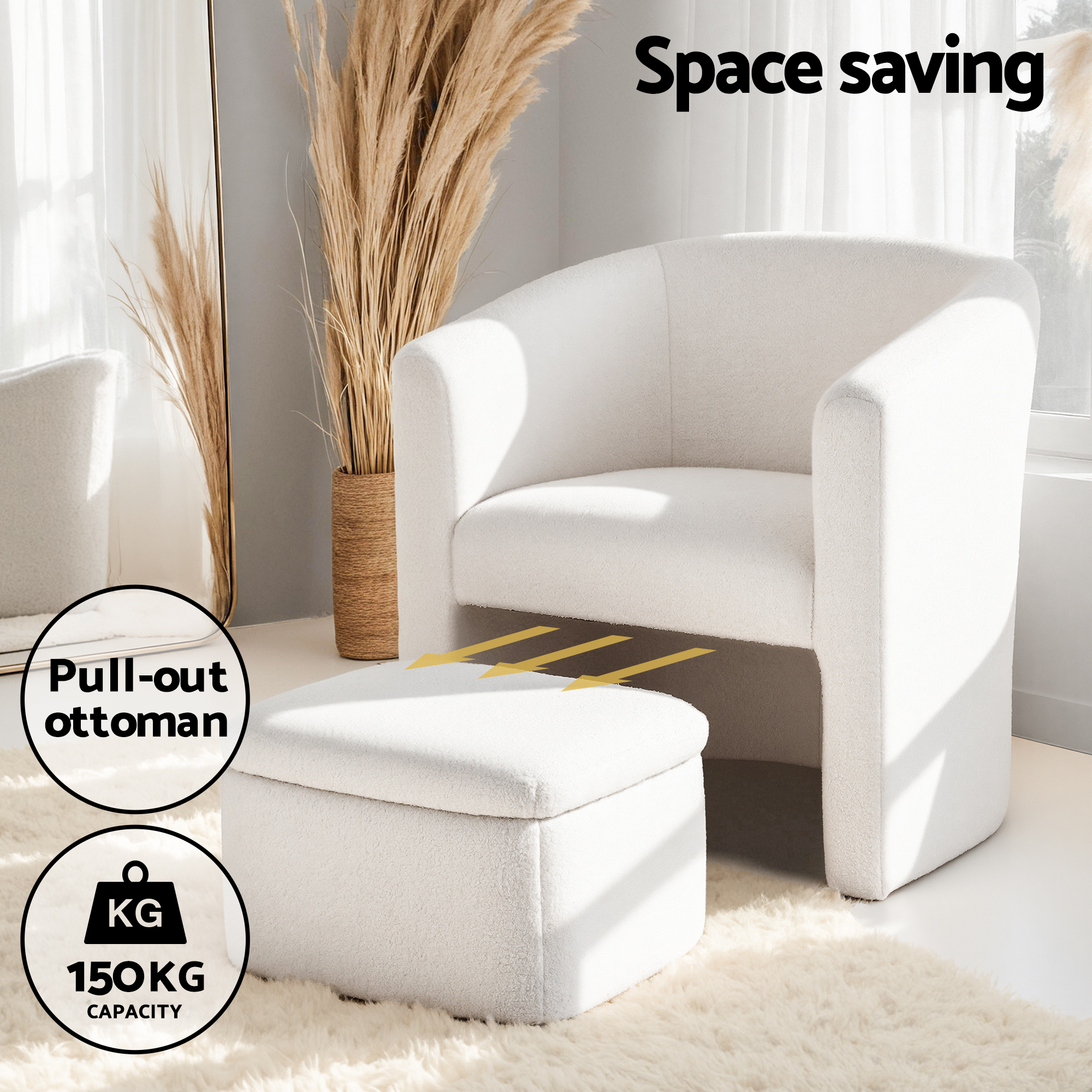 Artiss Boucle Armchair with Storage Ottoman, White view 4