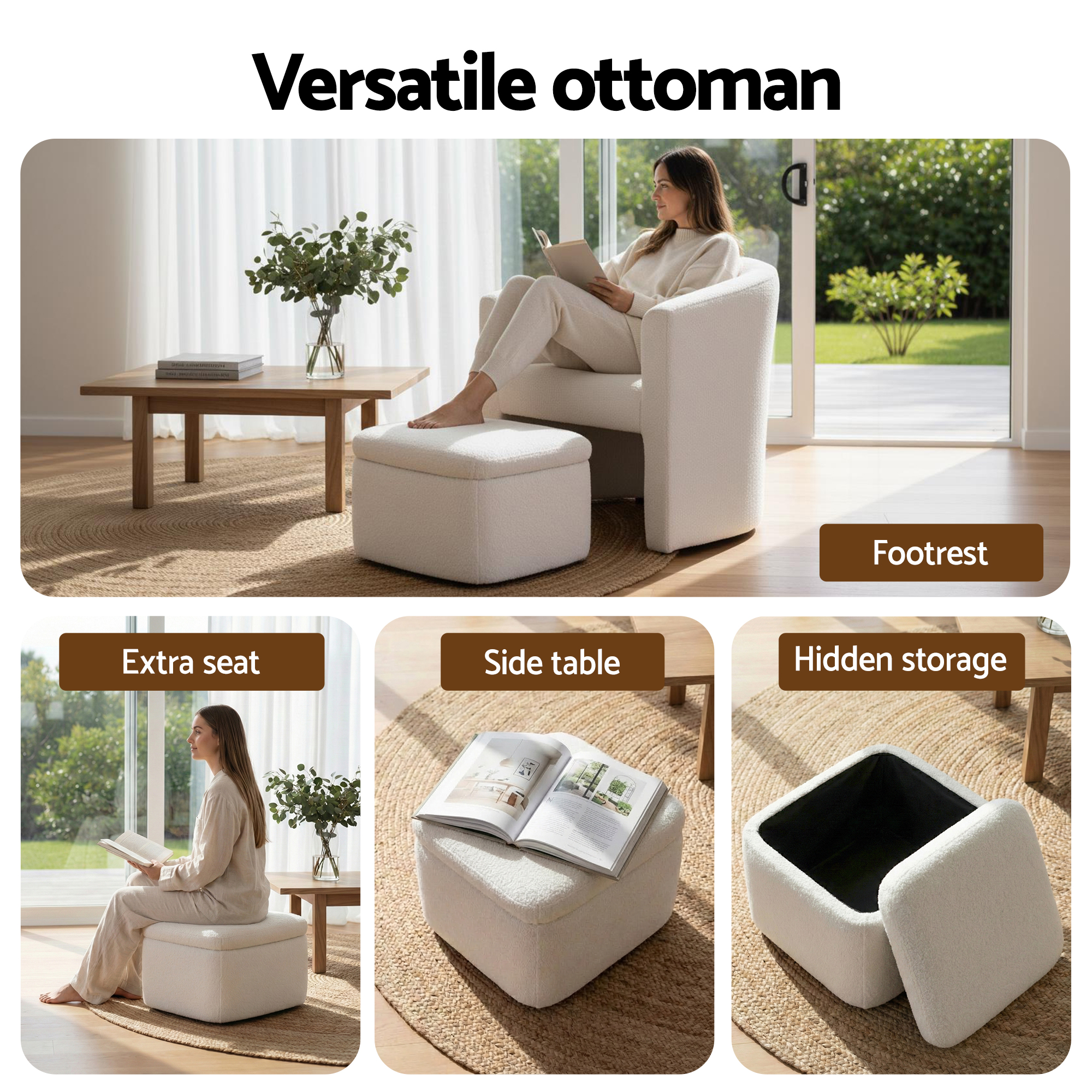 Artiss Boucle Armchair with Storage Ottoman, White view 5