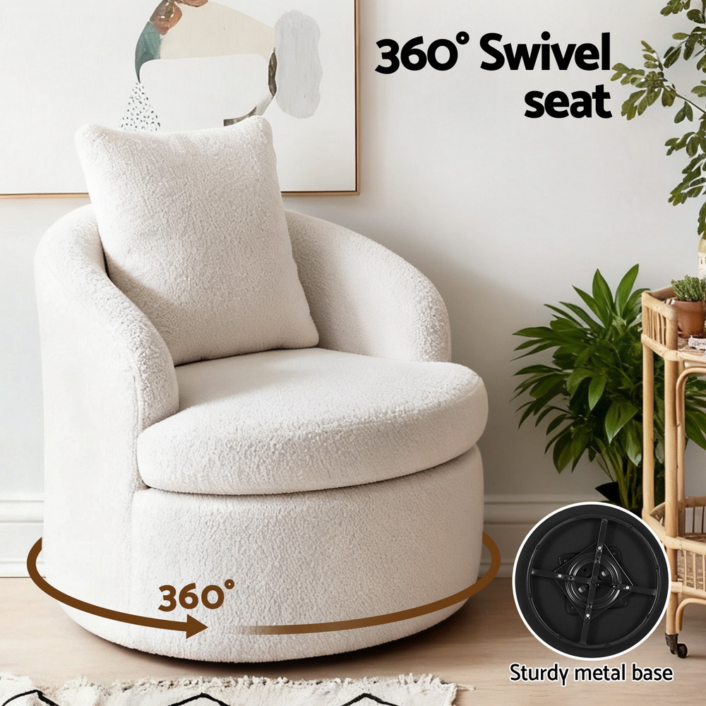 Artiss Round Swivel Armchair with Extra Pillow White view 4
