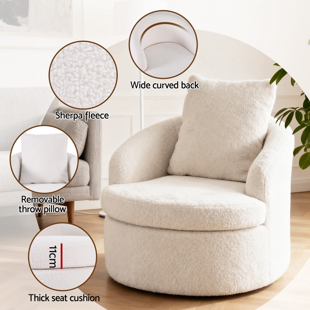 Artiss Round Swivel Armchair with Extra Pillow White view 5