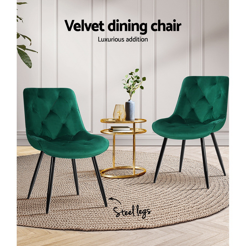 Artiss Velvet Diamond Tufted Dining Chairs, Green view 4
