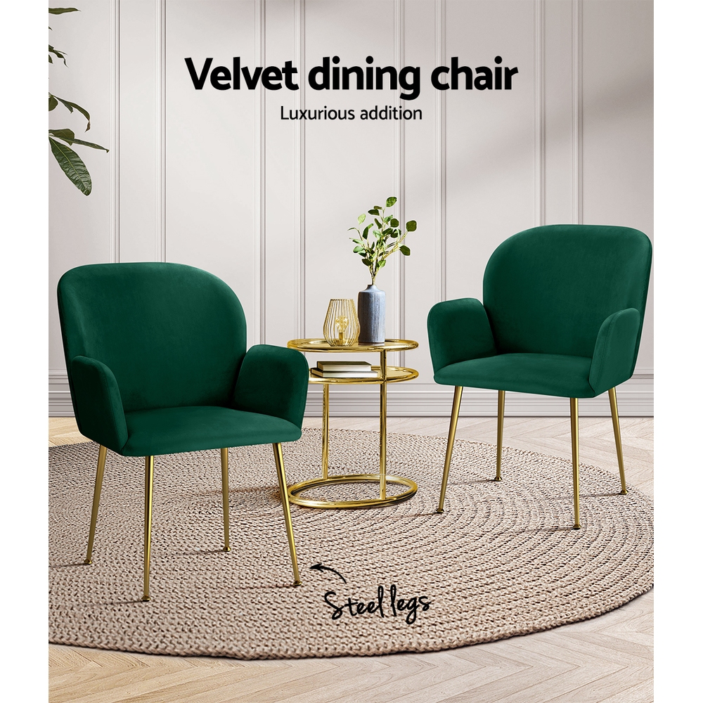 Artiss Velvet Armchair Dining Chairs, Single or Set of 2, Green view 4