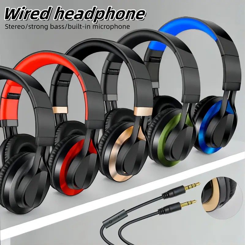 Wired Over-Ear Headset, Portable Folding Heavy Bass Headphones, Built-in Microphone, Compatible with Multiple Devices view 2