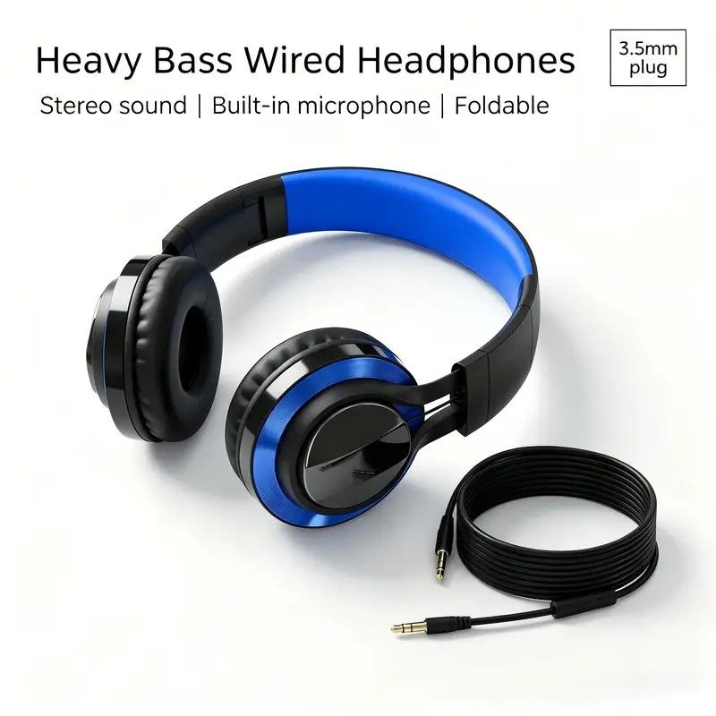 Wired Over-Ear Headset, Portable Folding Heavy Bass Headphones, Built-in Microphone, Compatible with Multiple Devices view 3