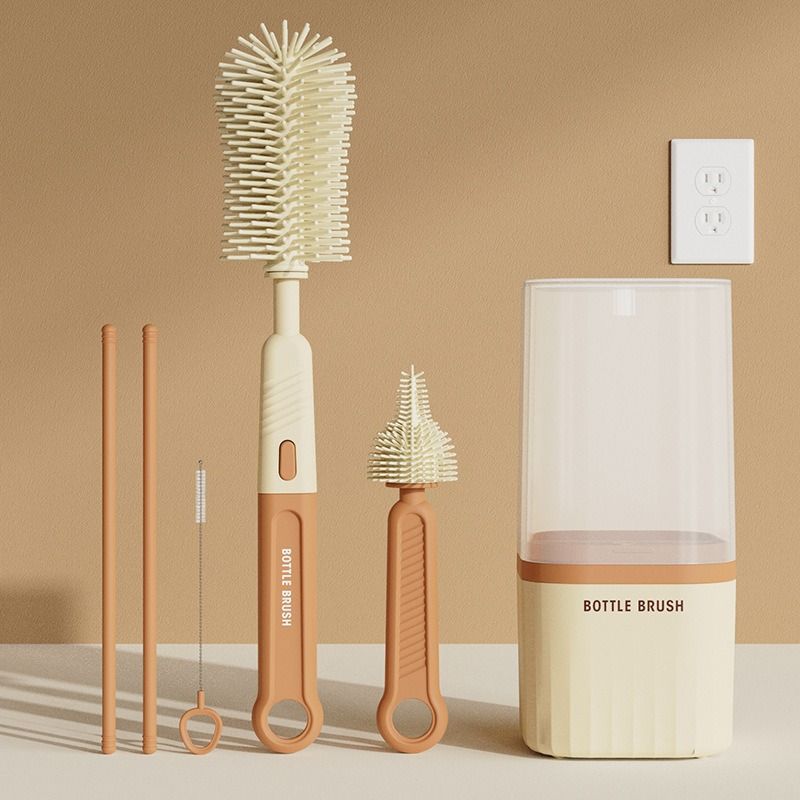 6-in-1 Portable Silicone Bottle Brush Set with Drying Storage Box, All-Purpose Cleaner for Baby Bottles, Nipples, and Straw Cups - Orange