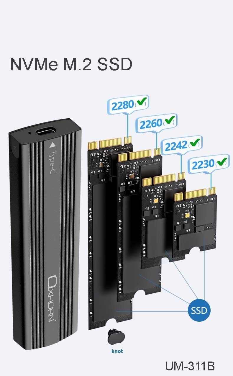 OXHORN UM-311B USB C 3.2 Gen 2 M.2 NVMe Enclosure Black view 3