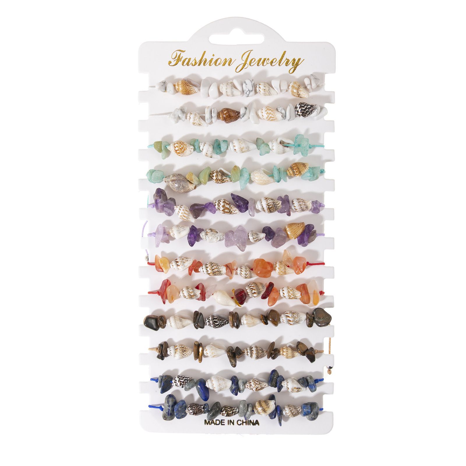 Boho Braided Shell & Crystal Bracelet Set – 12-Piece Adjustable Woven Jewelry with Conch, Beads & Stone Charms view 5