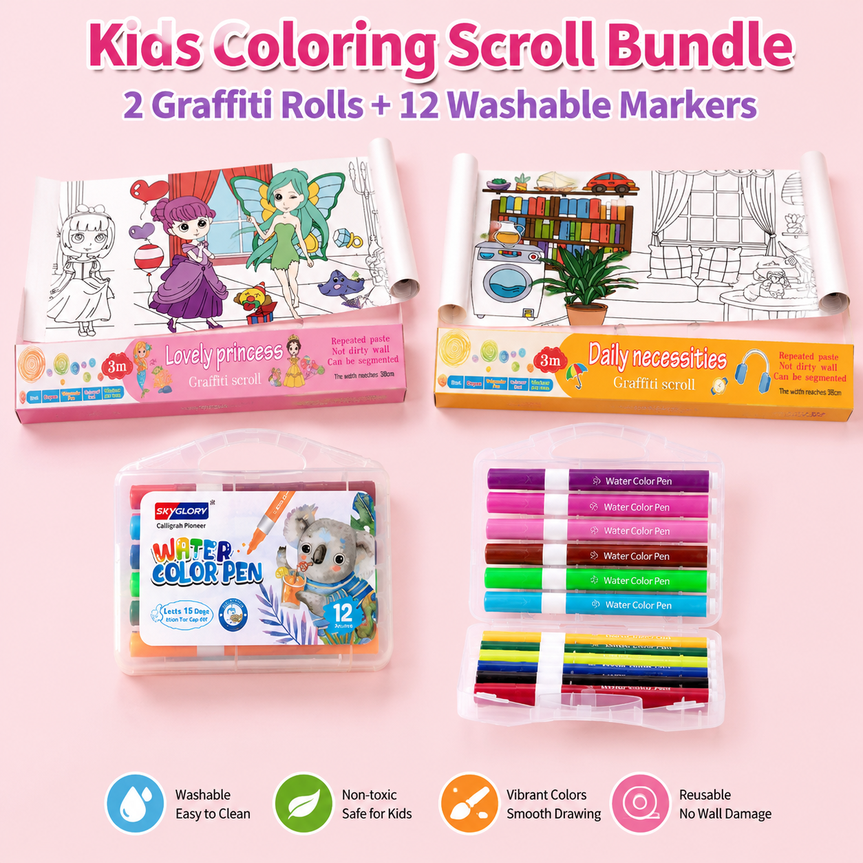 Kids Giant Coloring Roll + Markers Set