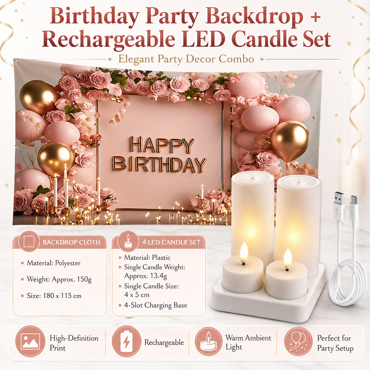 Birthday Party Backdrop + LED Candle Set