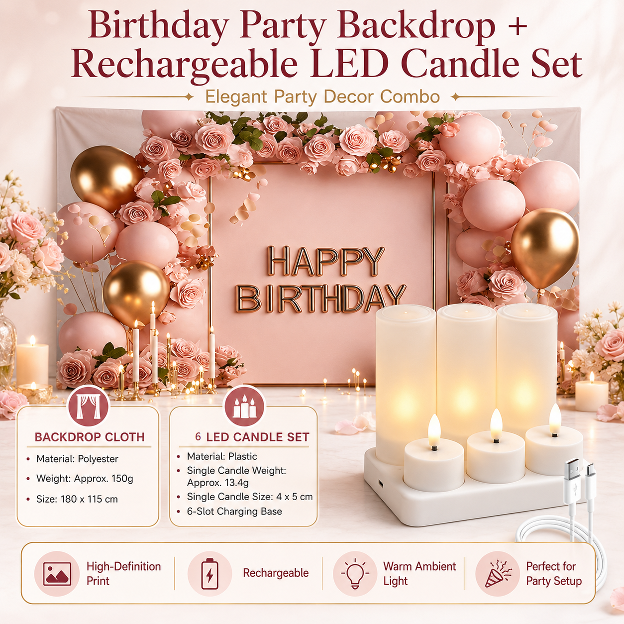 Birthday Party Backdrop + LED Candle Set view 6
